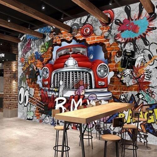 Custom Mural Wall Cloth Retro Nostalgia 3D Brick Wall Car Graffiti Poster Large Murals Creative Cafe Restaurant Photo Wallpaper