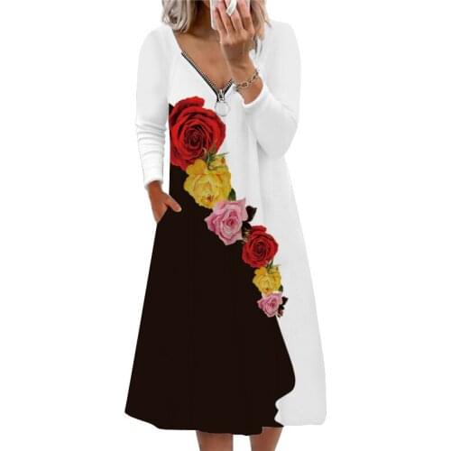 New Autumn Plus Size Dress Casual Womens Sexy V-neck Zipper Printed Long-sleeved Dress Calf Mid-length Elegant Retro Dresses