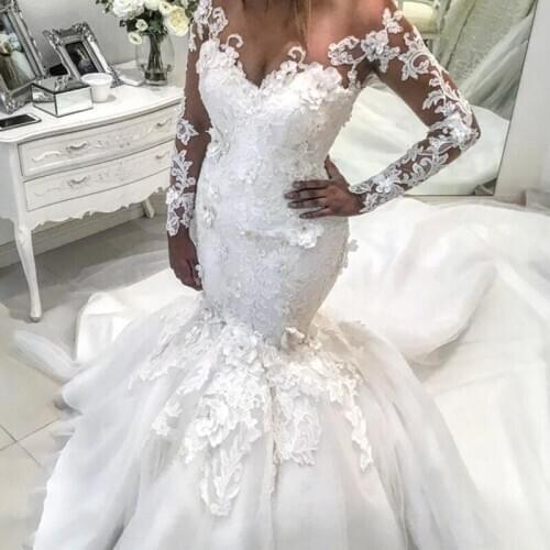 Luxury Mermaid Wedding Dress Sexy Illusion Lace Applique Pearls 3d Flower Long Sleeve Bridal Gowns 2021 Robe Mariee