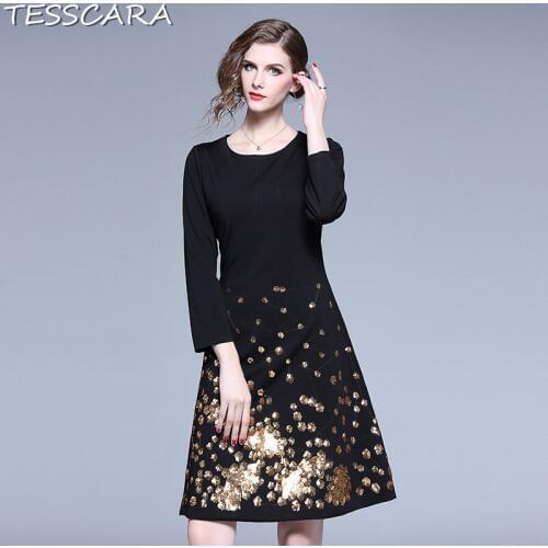 TESSCARA Women Luxury Golden Sequin Dress Festa Female High Quality Vintage Designer Vestidos Elegant Office Lady Robe Femme