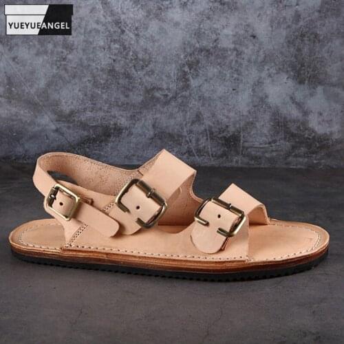 Vintage Handmade Shoes Genuine Leather Sandal Men Daily Casual Flat Shoes Summer Breathable Beach Sandals Buckle Roman Sandals
