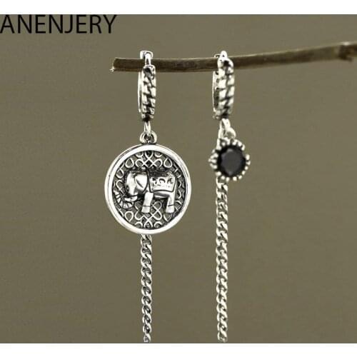 Vintage Asymmetric Elephant Round Disc Thai Silver Color Hoop Earring Tassel Chain Earrings Ear Jewelry For Women S-E1168