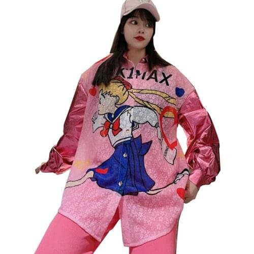 QING MO White Pink Women Cartoon Blouse 2021 Spring Summer Women Irregular Blouse Female Casual Blouse ZQY6752