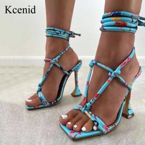 Kcenid New Gladiator Print Sandals Women Summer Open Toe Spike High Heels Fashion Ankle Cross Lace-Up Ladies Shoes