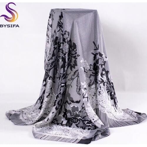 [BYSIFA] Grey Black Ladies Square Scarves Wraps New Fake Lace Flowers Silk Scarf Shawl Autumn Winter Muslim Head Scarf Cape