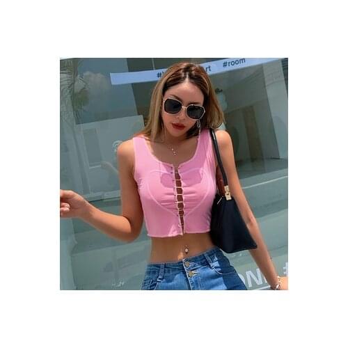 Womens Solid Color Crop Tops, Sleeveless Front Heart Pattern Safety Pin Connect Hollowed Short Clothes Y2K Aesthetics