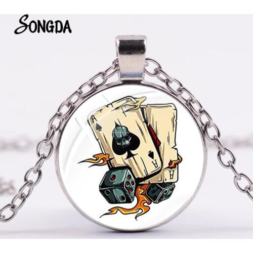 Gambling Tools Poker Cards Dice Pattern Necklace Steampunk Joker Fashion Glass Crystal Pendant Necklaces Poker Club Gifts