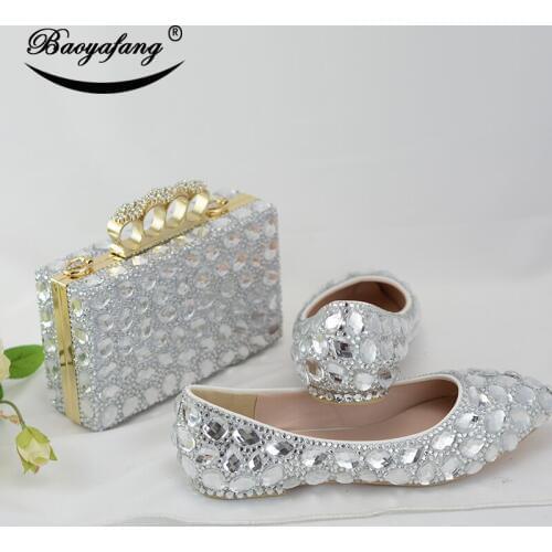 BaoYaFang Silver Crystal Wedding shoes and bags Bride Pointed Toe shoe with matching bags sweet party dress shoe 8cm Pumps