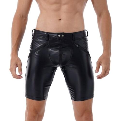 Black Mens Lingerie Latex Zipper Middle Pants Full Zipper Front Button Snap Closure Workout Gym Shorts Sexy Soft Leather Pants