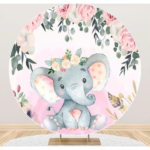 Laeacco Pink Watercolor Elephant Baby Shower Baptism Flowers Customized Poster Portrait Round Circle Background Photo Backdrops