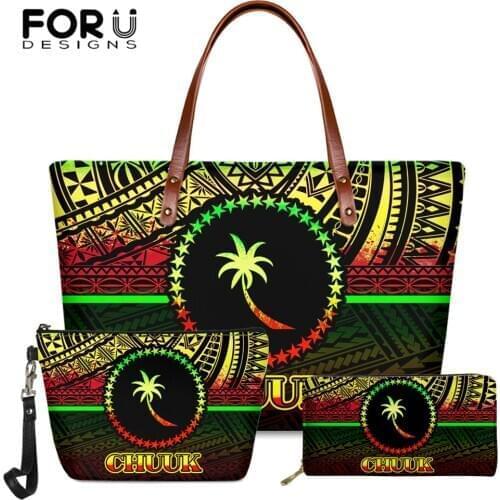 FORUDESIGNS Hot Sale 3Set Women Handbags And Pu Purse Chuuk Polynesian Tribe Pattern Vintage Ladies Party Big Soft Shoulder Sac