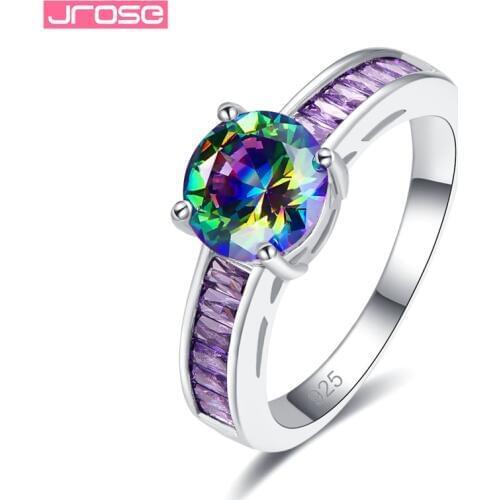 JROSE Wholesale Women Rainbow & lighte Blue Round Cubic Zircon Silver Color Wedding Engagement Ring Size 6 7 8 9 Hot Sale