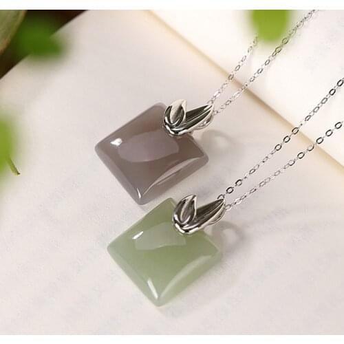 S925 sterling silver Hetian gray jade smoke mauve Jade set chain vintage bamboo leaf square plate womens necklace pendant