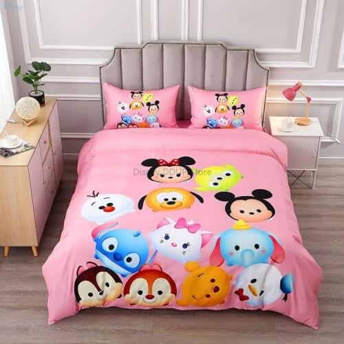 Disney Tsum Tsum Kawaii Bedding Set Children Stitch Mickey Mouse Disney Princess Frozen Anna Elsa Bed Cover Bed Sheet Pillowcase