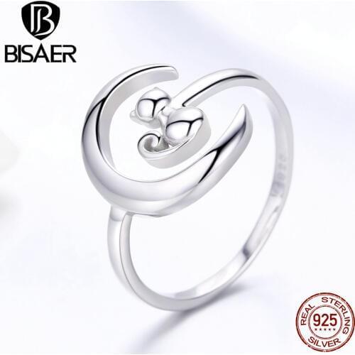 BISAER Hot Sale 925 Sterling Silver Moon And Cat Rings for Women Cat in Moon Adjustable Finger Ring Wedding Jewelry Anel ECR451