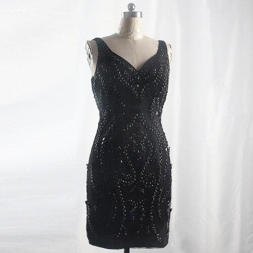 LZF116 New Design Sleeveless Evening Dress Short Heavy Beading Black Dress