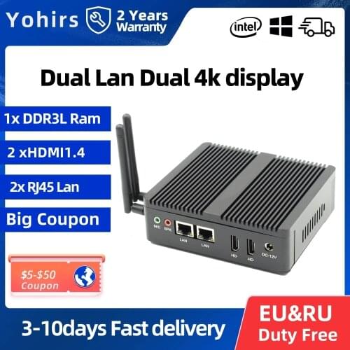Mini pc Industrial Fanless J3160 J1900 2*Realtek RTL8111E Gigabit LAN 1*RS232 Com HD VGA Dual Display Linux Cheap Mini Computer