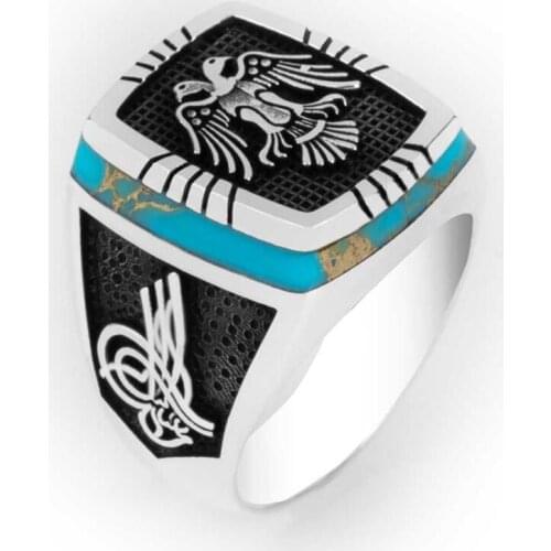 Men Handmade Silver Ring With Turkish Flag Ottoman Tugra Animal Eagle Motif And Blue Turquoise Stone, Solid 925 Sterling Silver