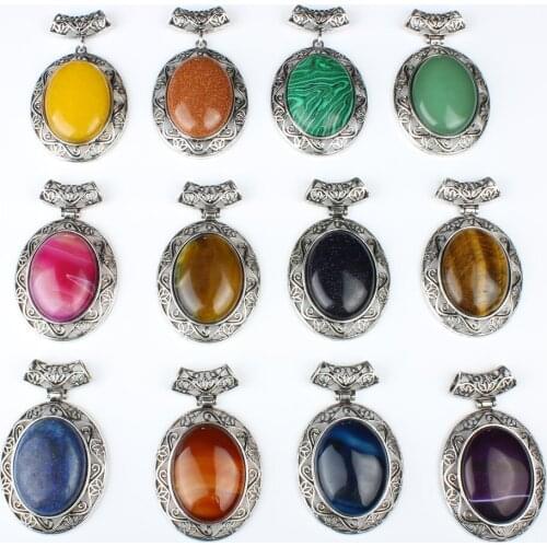 Natural Semi-precious Stone Inlaid Turquoise Pendant Vintage Fashion Oval Pendant DIY Jewelry Accessories Pendant Necklace