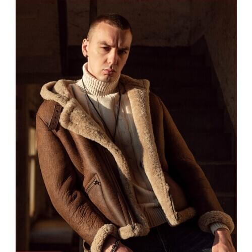 Autumn and Winter New Shearling Jacket Mens Coat Hooded Casual Genuine Leather Clothes Thickened