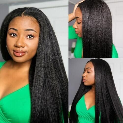 Middle Part Kinky Straight Wig Natural Long 13x1 Lace Front Human Hair Wigs Fluffy 150% Remy Pre Plucked Lace Part Wig