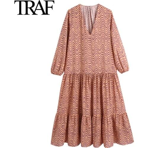 TRAF Women Clothes Fall 2021 Long Sleeve Vintage Wave Print Dress French Elegant V-neck Plus Size MIDI Dress Vestido Feminino