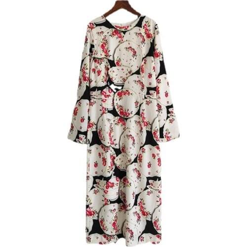 Print Dress For Woman Spring 2021 NEW Retro Plates Printing Round Neck Long Sleeves A-Line Casual Clothes Female S-XL