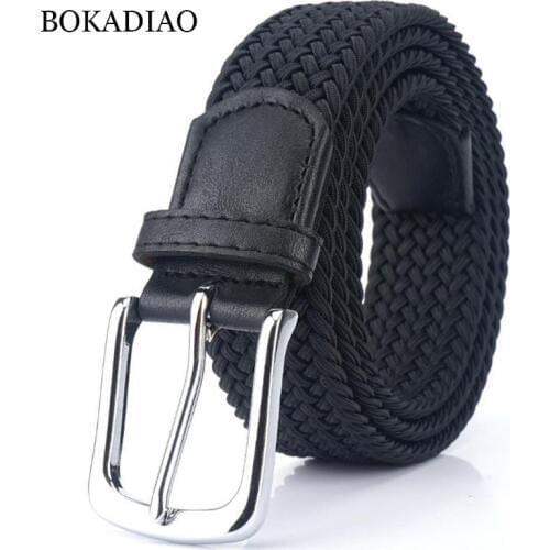 BOKADIAO men&women elastic belt Pin buckle Weave Stretch Canvas belt Nylon luxury jeans belts for men waistband Black strap male