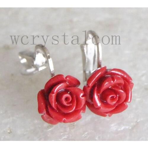 Rose Flower Red Coral Sterling Silver Ear Clip on Earrings