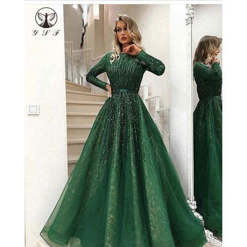 Modern Vestidos De Fiesta Boat Neck Beaded Stones Long Sleeve Lace Evening Dresses
