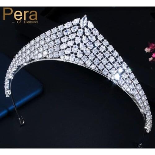 Pera Wedding Classic White Cubic Zirconia Crystal Jewelry Large Wide Bridal Tiaras and Princess Crowns Hair Accessories H018
