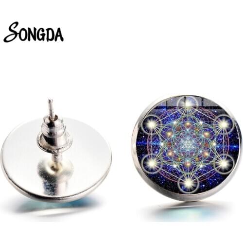 Mysterious Metatron Cube Stud Earrings Geometric Flower of Life Glass Dome Round Earrings Retro Jewelry Accessories For Girls