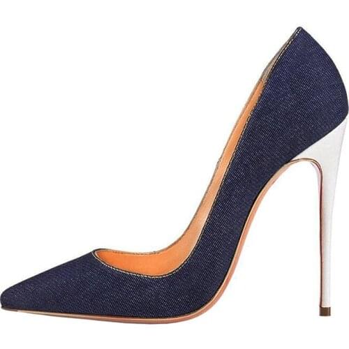 Deep Blue Denim Women Pumps 12cm Shallow Pointed Toe Female 10cm white High Heels 8cm Shoes plus size BM004 CHENSIR9