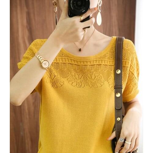 Pure cotton T-shirt women 2021 casual solid color round neck knitted pullover short-sleeved plus size hollow ladies blouse tees