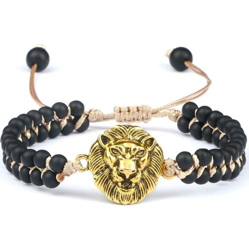 Women Braided Charm Bracelet Gold Lion Head Beaded Handmade Natural Black Matte Stone Yoga Wrap Bracelets&Bangle for Men Jewelry