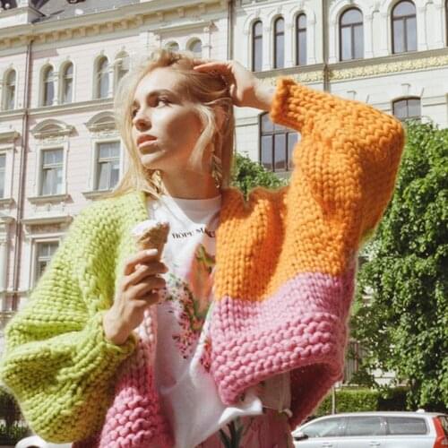 Women Retro Contrast Color Geometric Sweater Coat Fall Winter Thick Hook Flower Hollow Knit Cardigan Long Lantern Sleeve Jacket