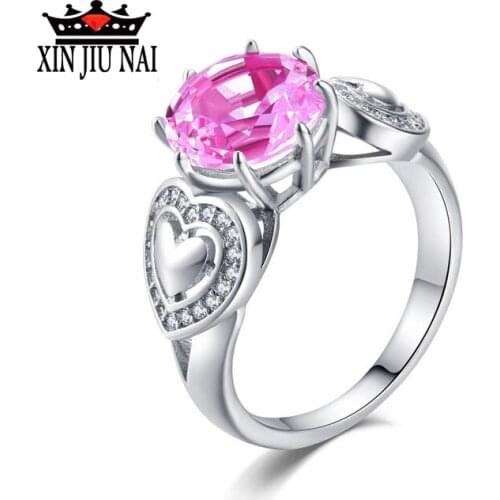 Love Heart Shaped Pink ZirconRomantic cherry blossoms Crystal Micro Inlay Ring for Women Silver Color Ring Jewelry anel