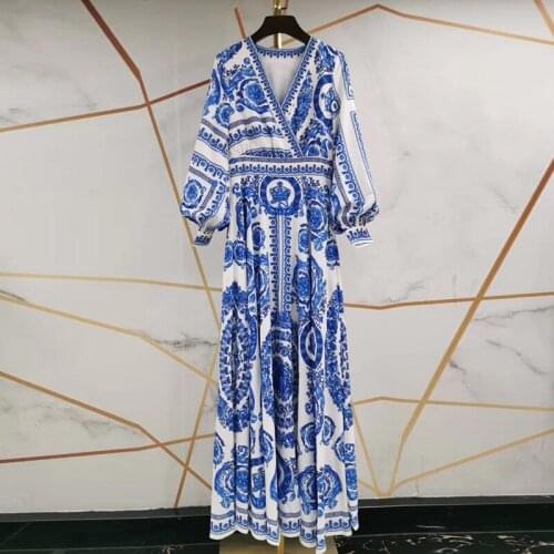 Fashion Women Runway 2021 Spring Summer Lantern Sleeve Blue Yellow Flower Print V-Neck Long Party Holiday Dress