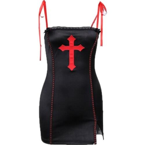 Women Goth Punk Tie Up Strap Sexy Bodycon Black Mini Dress Harajuku Red Cross Patch Embroidery Split Hem High Waist Party