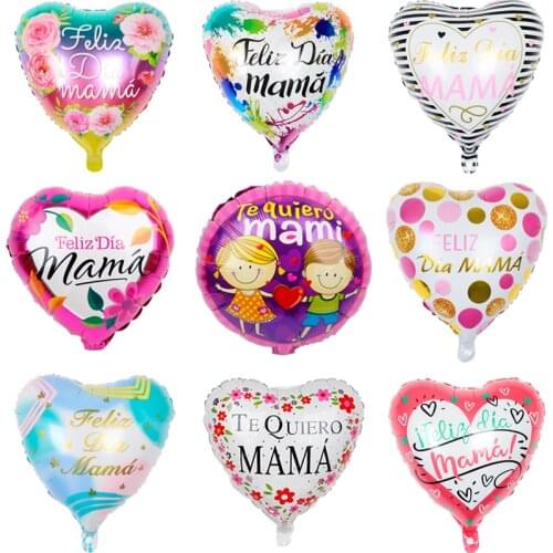 5pcs 18inch Spanish Happy Mothers Day Foil Balloons Feliz Dia Mama Birthday Party Decorations Heart Shape Air Globos Mom Gifts