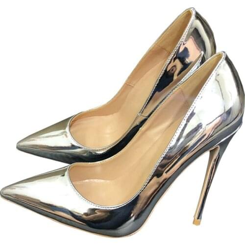 Shiny silver PU leather sexy night club party wedding shoes women thin high heels pointed toe 12cm stiletto pumps QP110 CHENSIR9