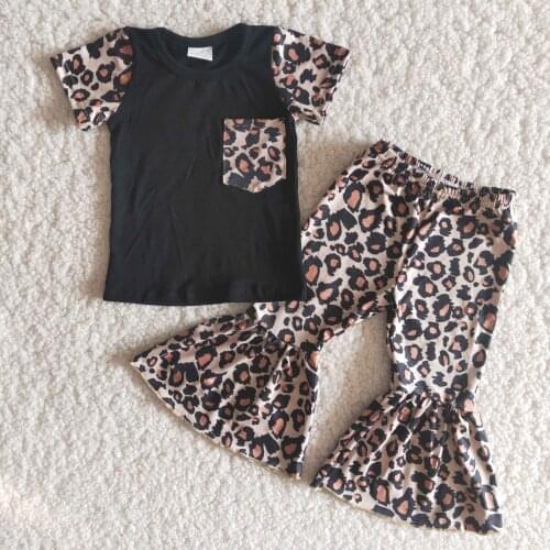Black short shirt top leopard pocket bell bottoms kids girl clothing sets boutique children outfits spring clothes rts wholesale