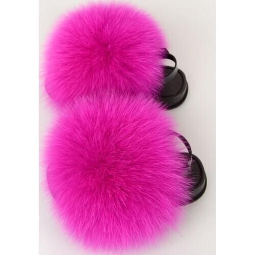 Kids Fur Slippers Fluffy Raccoon Fur Slides Fluffy Real Fox Fur Flip Flops Childrens Lacing Open-toe Sandals Cute Rainbow Shoes