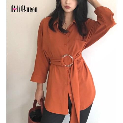 Women Blouses Shirts Turn-down Collar Shirts with Sashes Women Stylish Chic Tops and Shirts Ladies Harajuku Chemise 2021 5 Color