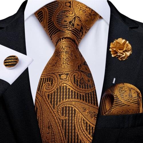 Gold Yellow Paisley Mens Ties 8cm Wide Wedding Party Neck Tie With Brooch Pin Pocket Square Cufflinks Cravate Gift For Men
