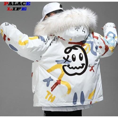 Hipster Winter Down Jacket Men Cartoon Little Devil Print Hooded Thick Windbreaker Oversize Harajuku Padded Jacket Coat Outwear
