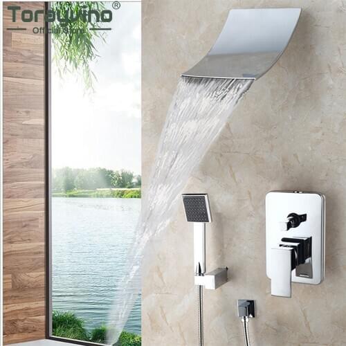 Torayvino Chrome Polished Rain Waterfall Bathroom Shower Faucet Wall Mounted Bathtub Shower Faucet Set Mixer Water Tap Combo Kit