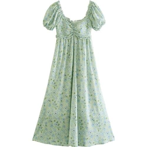 JC·KILIG 2021 Square Neck Pleated Print Bubble Sleeve Dress DP9411