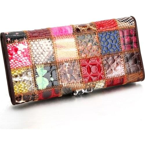 Womens Colorful Fashion Designer Wallet Genuine Leather Long Clutch Wallets Female Coin Purse Card Holder Panelled Cash Bags