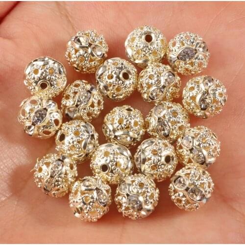 50pcs 9k Gold Color Metal Crystal Rhinestone Ball Round Loose Spacer Beads For Jewelry Making Diy Bracelets Necklace 6mm 8mm